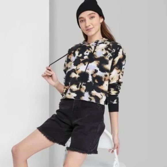 Wild Fable Black Tie Dye Fleece Hoodie Crop Cropped Multiple Sizes - Picture 1 of 3